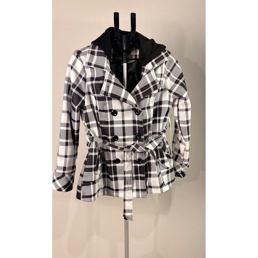 Maralyn & Me Womens Plaid Tie Belt Double Breasted Hooded Jacket Black White
